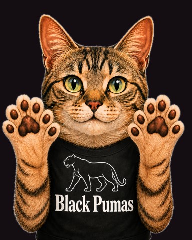 Kitty Sixtoes — a six-toed tabby cat in a band tee, both front paws up